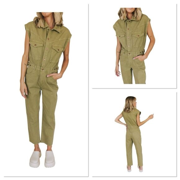 BOBBLES AND LACE‎ WOMEN TAN DENIM JUMPSUIT SLEEVELESS WOMEN LARGE SNAP POCKETS - Picture 1 of 13